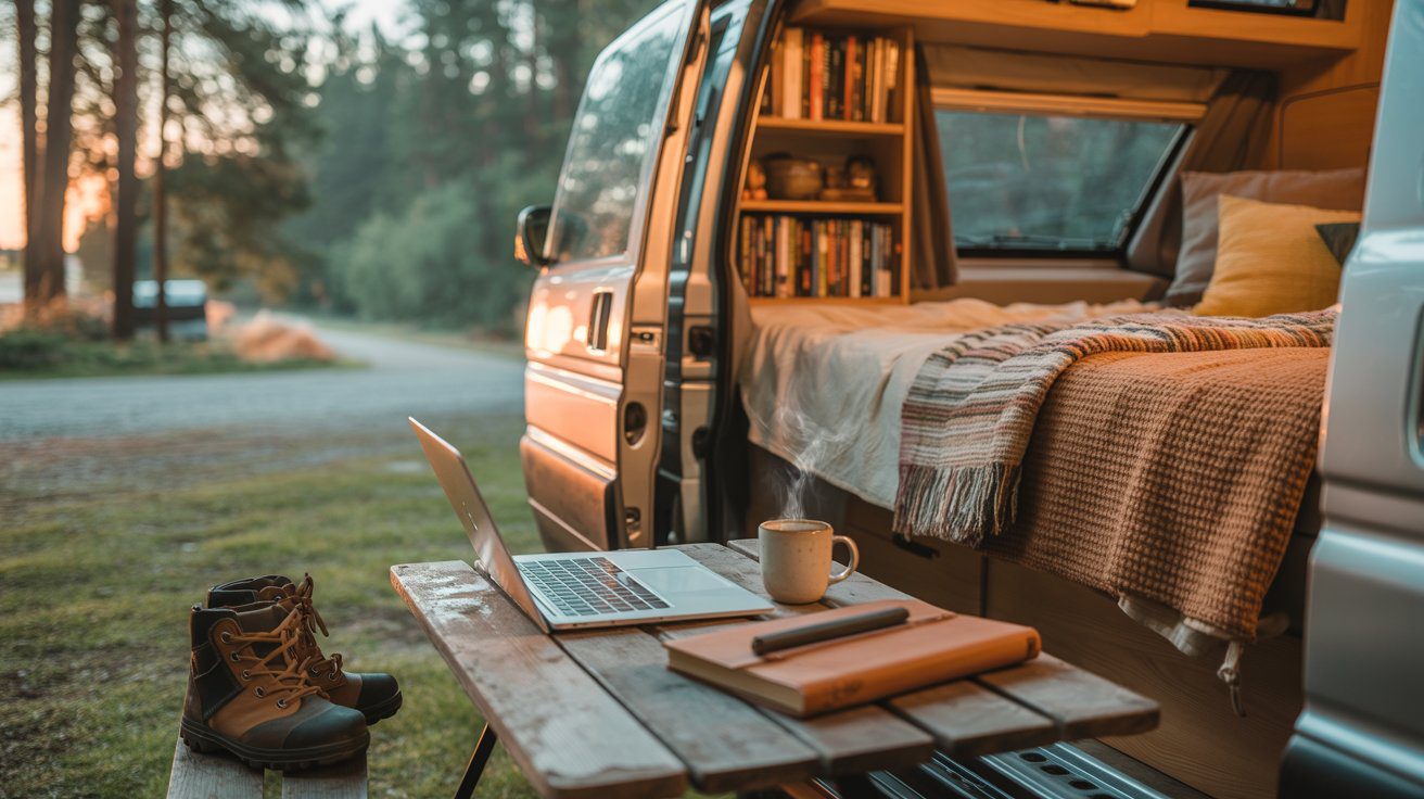 Camper van parked in the Australian bush, surrounded by trees and natural scrubland, capturing the quiet simplicity of off‑grid vanlife