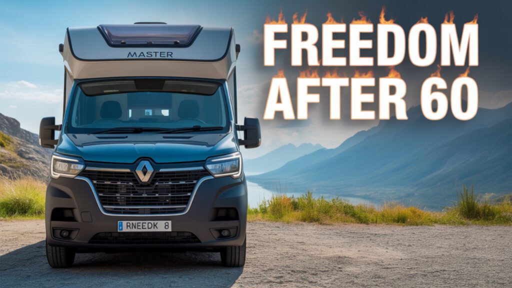 Motorhome parked at scenic mountain lookout with “Freedom After 60” text representing retirement vanlife travel