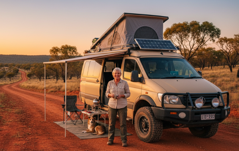 Woman enjoying a coffee with her dog beside her during her solo van life journey in Australia, designed for over‑55 travellers