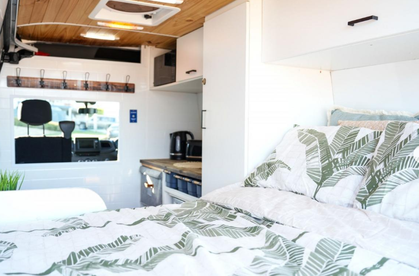 Vanlife bed setup in Renault Master van, Australia
