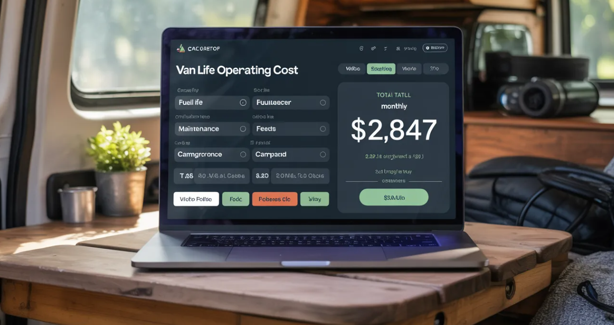 Van life cost calculator showing estimated monthly and annual expenses for travellers planning an Australian road‑life budget.