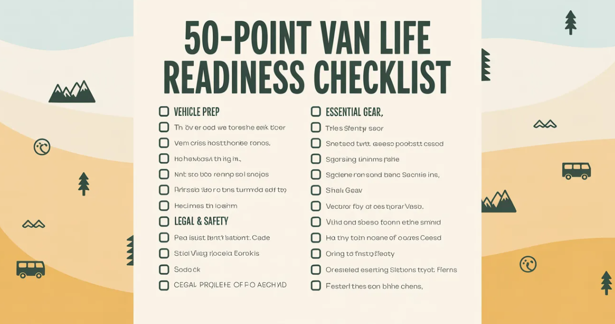 Fifty‑point vanlife checklist infographic covering essential tasks for planning, packing, safety, budgeting and daily routines on the road.