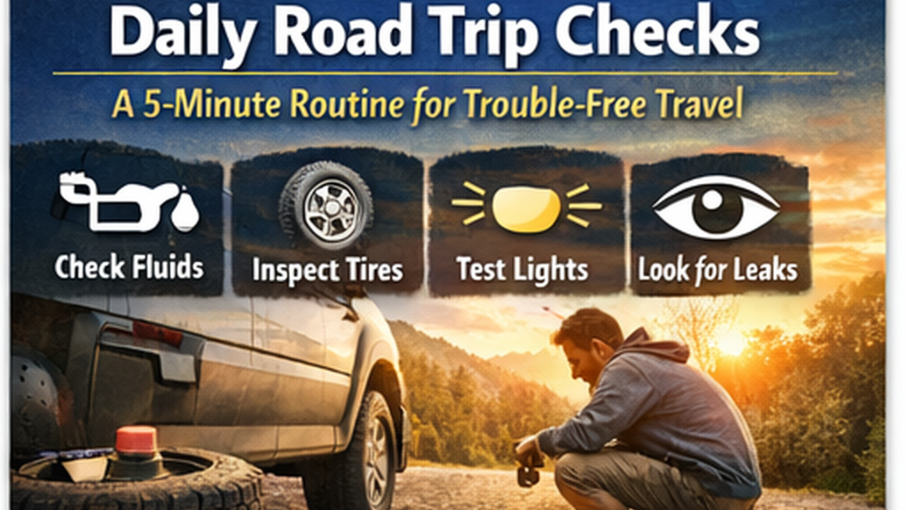 Daily road trip vehicle checks with van, tire gauge, and fluid icons, illustrating a simple 5-minute maintenance routine
