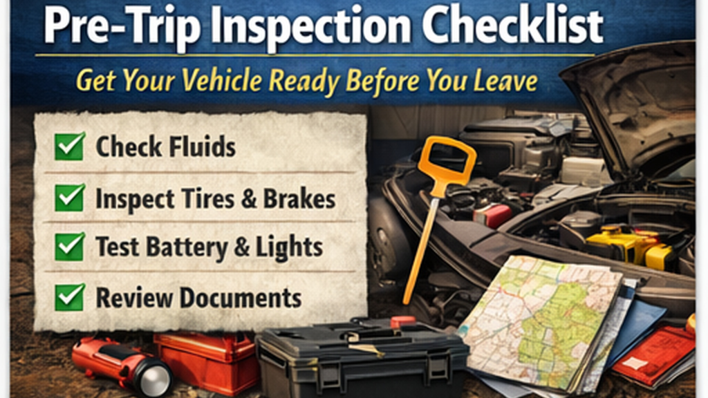 Pre-trip vehicle inspection checklist with van, tools, and fluid icons, representing essential steps before hitting the road