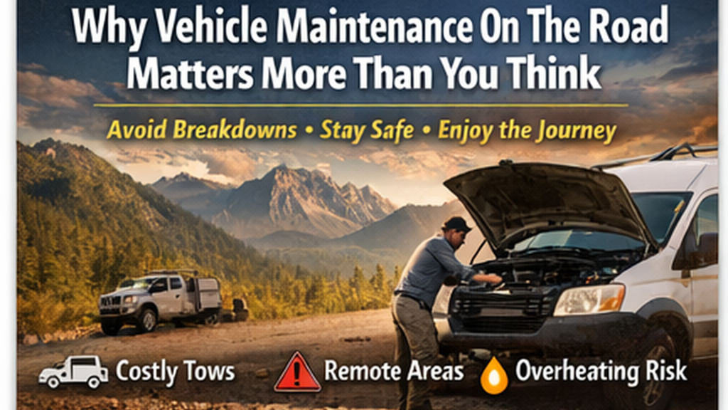 Van on a scenic road with maintenance icons showing tire, oil, battery, and tools – illustrating the importance of vehicle care before long road trips