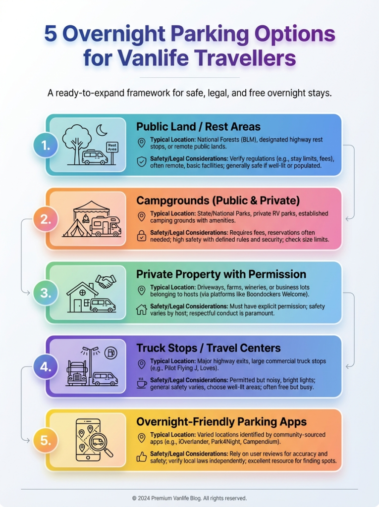 Five overnight parking options for couple vanlife in Australia infographic