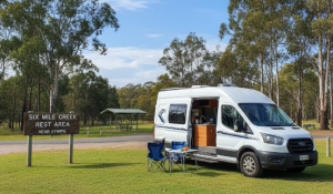 A Camper Van parked on level grass at the Six Mile Creek Rest Area near Gympie, Queensland — tall eucalyptus trees casting long morning shadows, a quiet creek nearby and soft golden light warming the scene — the peaceful start to a grey nomad's day on the Bruce Highway.