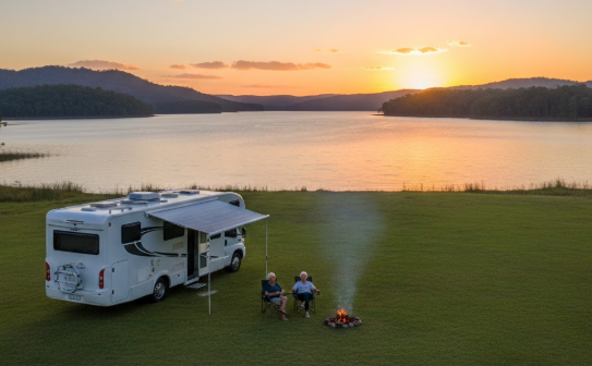  A motorhome parked on flat grass beside the shimmering blue expanse of Lake Proserpine at sunset, Queensland — the rolling tropical hills golden in the evening light, a retired couple sitting outside with camp chairs and a campfire, the quiet of an inland lake stretching all the way to the horizon — the kind of evening that makes grey nomad life feel like the best decision you ever made.