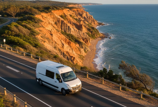 A white Renault Master van driving on a wide sealed road above Rainbow Beach, Queensland, at golden hour — the coloured sand cliffs glowing orange and red in the evening light, the Pacific Ocean stretching blue to the horizon, a retiree couple sitting in camp chairs watching the sun drop — the kind of moment that makes long-distance travel completely worth it.