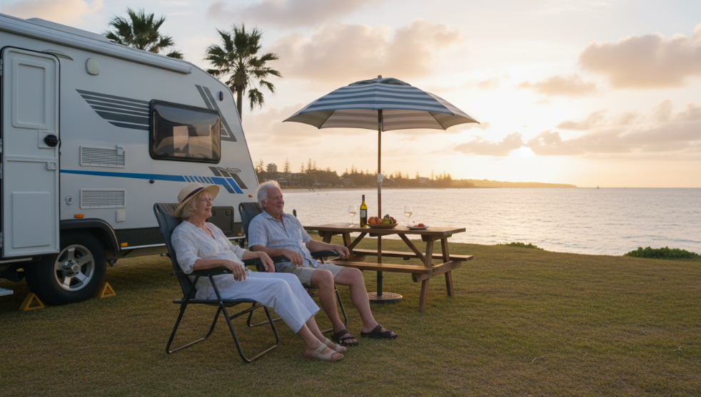Retiree couple relaxing beside a caravan overlooking calm Hervey Bay waterfront at sunset with gentle ocean breeze and shaded picnic table." class="wp-image-1442"/></figure>
<!-- /wp:image -->