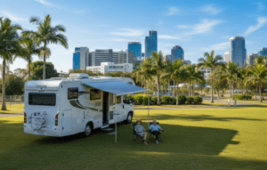 Senior couple at free camping near hospitals in Rockhampton QLD at Kershaw Gardens