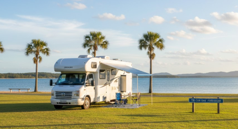 A white motorhome parked on the flat grassed foreshore at Tin Can Bay, Queensland — calm tidal waters glittering in early morning light, a pelican drifting past and the distant silhouette of K'gari (Fraser Island) on the horizon — the unhurried peace of grey nomad life on the Cooloola Coast.