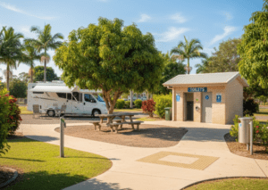 A well‑maintained rest stop in Tully, Queensland with a clean toilet block, paved paths, tropical greenery and caravan parking, suitable for seniors and grey nomads looking for safe free camping facilities.