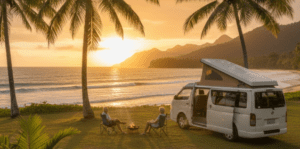 Couple relaxing beside their campervan at a tropical free camping spot for couples in Cairns and Port Douglas, with palm trees and a coastal sunset in the background
