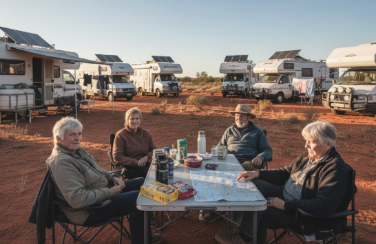 Retired Australian couple relaxing outside their motorhome at a free campsite in the Australian bush enjoying grey nomad vanlife