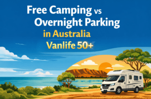 Scenic Australian landscape with a campervan, illustrating free camping and overnight parking options for vanlifers over 50