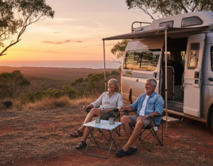
Happy Australian couple in their 60s sitting outside their campervan at a free campsite in the Australian outback enjoying vanlife retirement