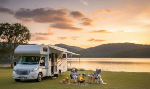 Pet-Friendly Free Camping Port Douglas Queensland caravan and our dogs relaxing outside the Mobile home