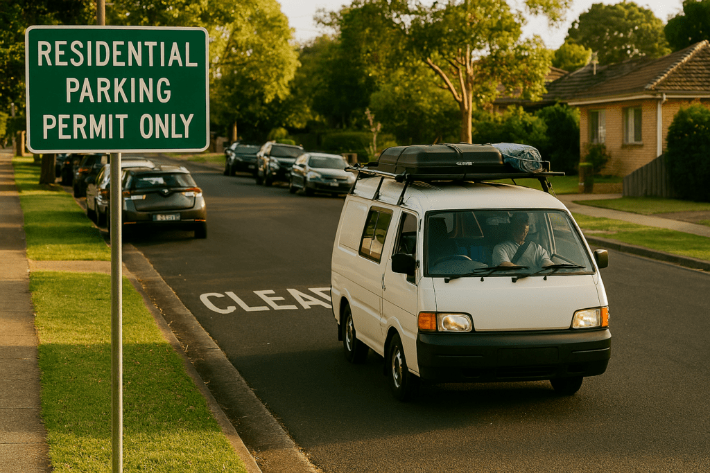 Van following residential parking rules on an Australian suburban street.