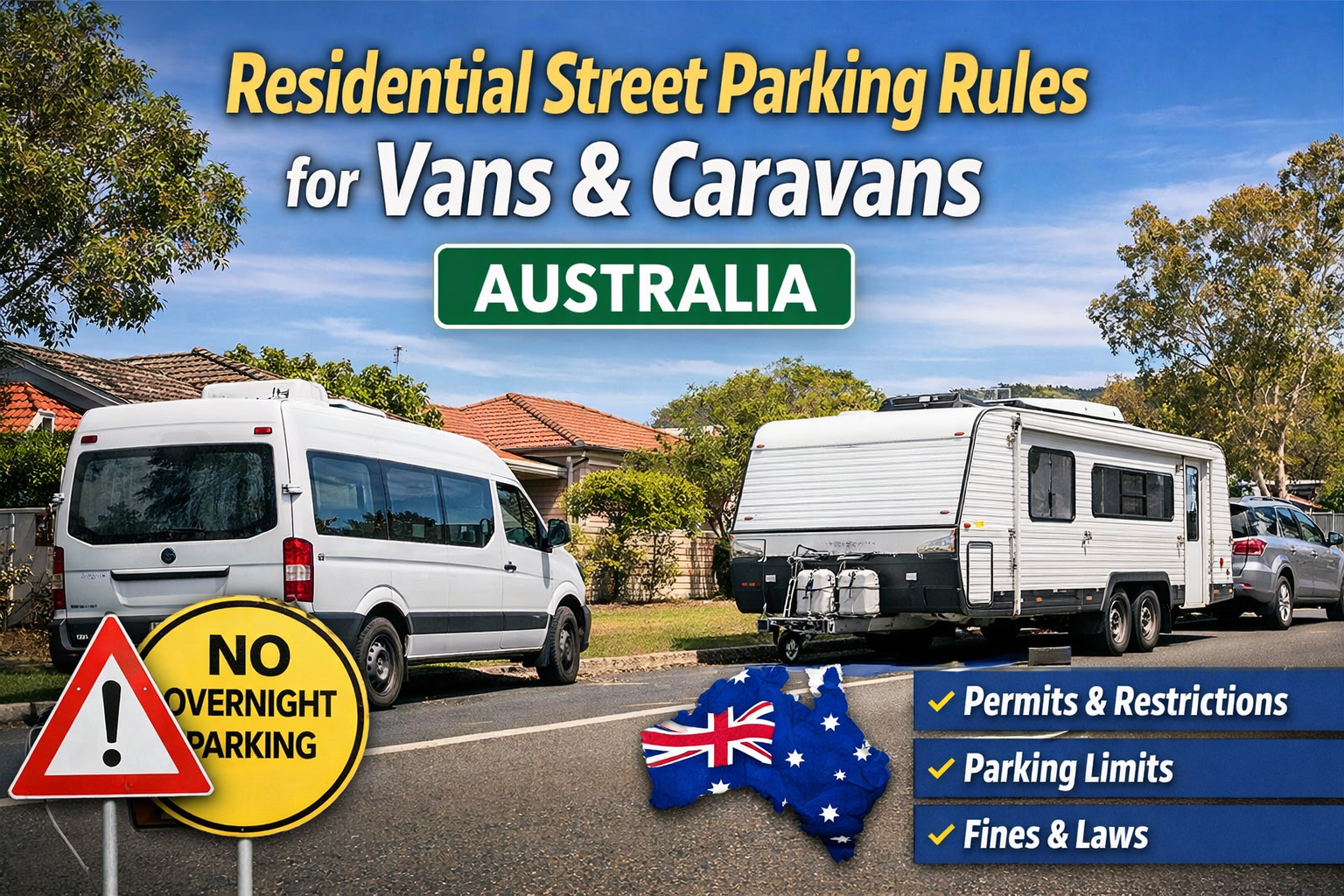 Campervan and caravan parked legally on a residential street in Australia, showing street signs, parking restrictions, and clear markings