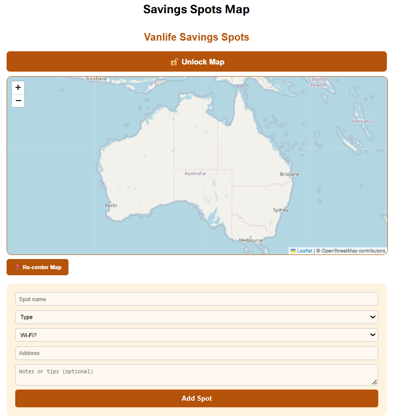 Interactive map showing vanlife savings spots across Australia, with add spot form for user contributions on Retire To Vanlife site.