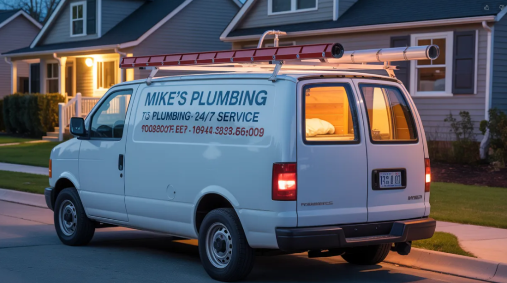 White plumbing van parked on a street, used for stealth camping with a hidden camper interior.