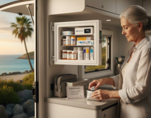 Storing medication safely while travelling Australia: 12V fridge traps, pharmacist prescribing, Active Script List, telehealth scripts & a printable checklist for grey nomads.