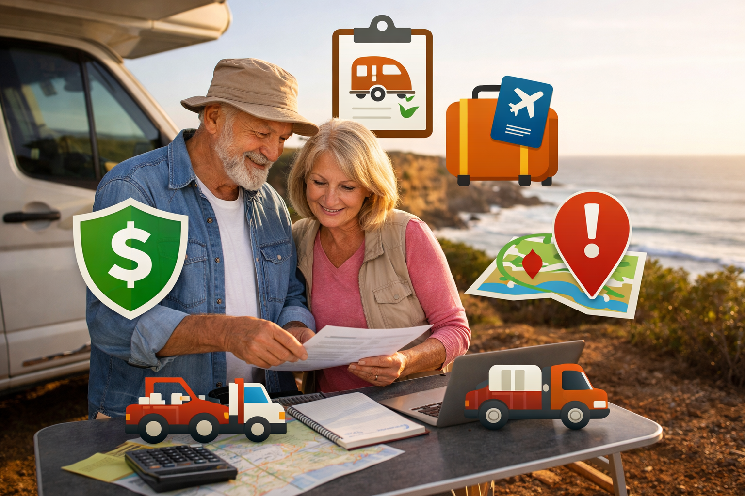 Retiree couple planning vanlife insurance in Australia, highlighting hidden costs for vehicle, caravan contents, travel, and roadside coverage.