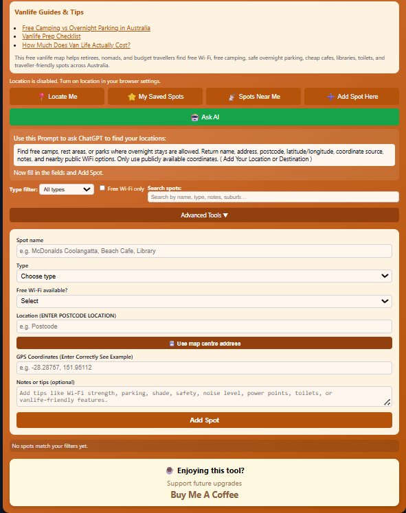Retire to Van Life App Console with AI Interface