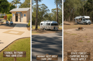 What is free camping in Australia — senior grey nomad couple at a council RV park with caravan