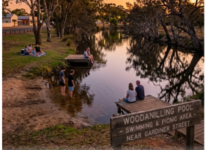 A rustic wooden sign in the foreground reads "Woodanilling Pool - Swimming & Picnic Area - Near Gardiner Street," capturing the quiet, rural charm of the Great Southern region.