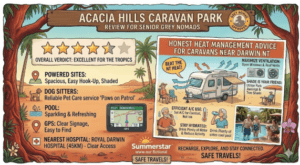 Acacia Hills Caravan Park reviewed for senior grey nomads. Powered sites, dog sitters, pool, GPS, nearest hospital