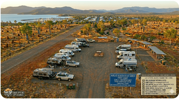 The Airlie Beach Rest Area is one of the most searched free camping stops for grey nomads heading into the Whitsunday region of Queensland in 2026.