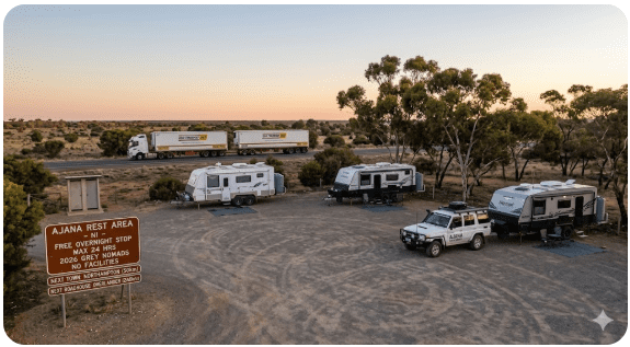 Ajana Rest Area on the North West Coastal Highway, a remote free camping site with no facilities, surrounded by flat scrubland. A simple pull‑in rest area used by self‑contained travellers and grey nomads.