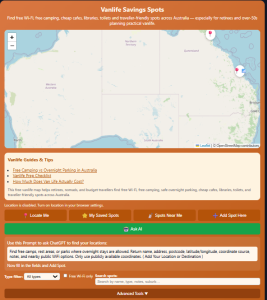AI search bar feature on Grey Nomad travel app webpage allowing users to ask camping and caravan questions