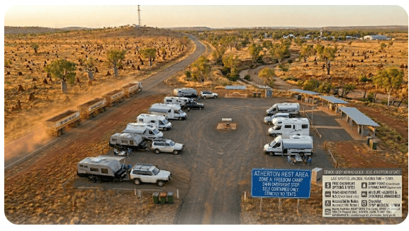 Atherton Rest Area — free camping guide for seniors & grey nomads 2026. GPS, dump points, water, Rocky Creek Rest Area, crater lakes, waterfalls & facilities on the Atherton Tablelands QLD.