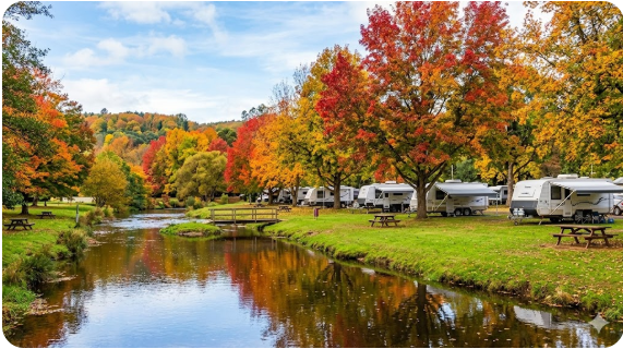 A calm, shallow creek lined with green grass and large trees in Balingup, Western Australia, showing the natural setting of the transit park