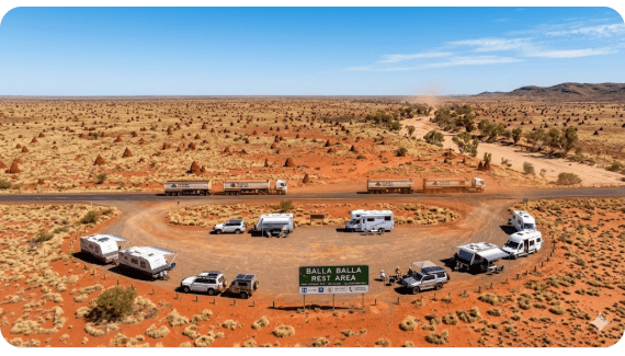The Balla Balla Rest Area free camping spot sits on the Great Northern Highway in Western Australia's Pilbara region, roughly 155 km east of Karratha and approximately 90 km west of Port Hedland.