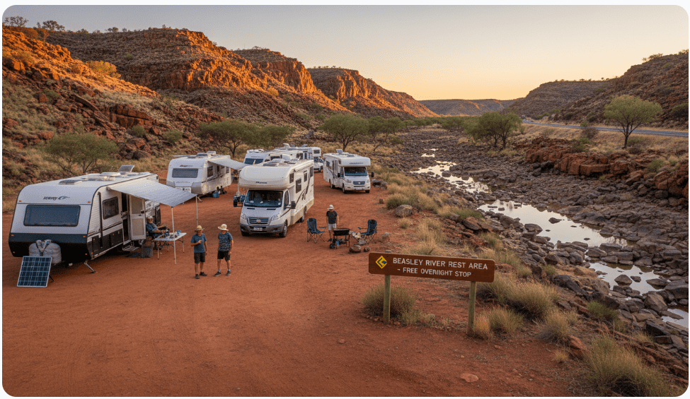 Beasley River Rest Area is a popular free overnight stop on the Great Northern Highway for senior grey nomads travelling between Newman and the Karijini National Park turnoff in the Pilbara region of Western Australia in 2026.