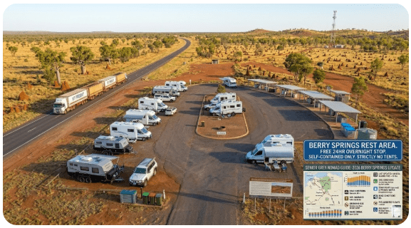Berry Springs Rest Area free camping area with shade shelters and gravel pads beside Cox Peninsula Road, Northern Territory