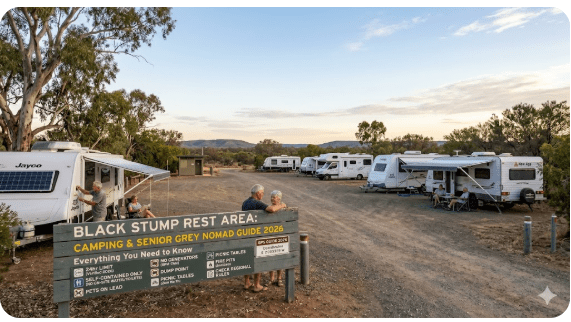 Black Stump Rest Area in New South Wales showing a roadside camping area with caravans parked among trees, picnic tables and basic facilities, suitable for grey nomad travellers seeking an overnight stop in 2026