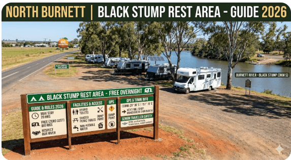 Black Stump Rest Area sits on the Burnett Highway approximately 3 km south of Mundubbera, Queensland — right on the banks of the Burnett River in the heart of the North Burnett Region.