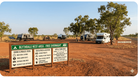 Blythdale Rest Area free camping guide 2026. GPS, dump point, water, toilets, safety and medical info for senior grey nomads travelling the Stuart Highway NT.