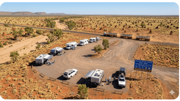 Bullita Stock Route Rest Area unsealed road surrounded by savannah woodland in the Northern Territory dry season