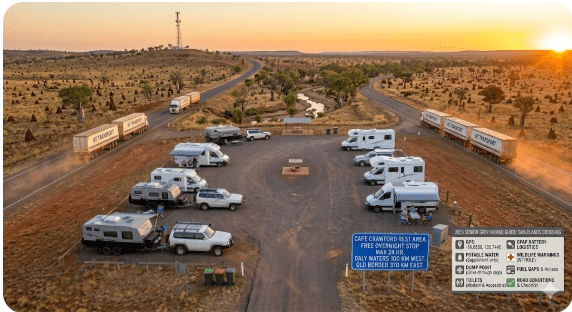Cape Crawford Rest Area is a free overnight rest stop in the remote NT–QLD border region of Australia's outback, located on or near the Carpentaria Highway