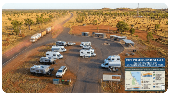 Cape Palmerston Rest Area sits on the Bruce Highway corridor south of Mackay, offering senior grey nomads a free overnight stop with basic facilities in 2026.