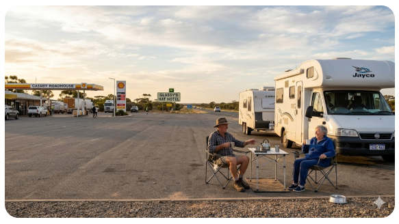Caravan parked overnight at Cataby Rest Area on the Brand Highway Western Australia
