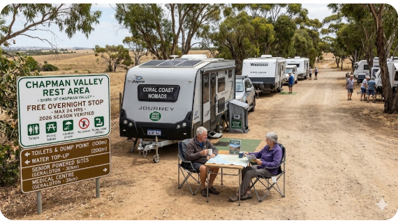 Chapman Valley Rest Area is one of Western Australia’s most popular free camping stops for senior grey nomads travelling between Geraldton and the Murchison region in 2026.