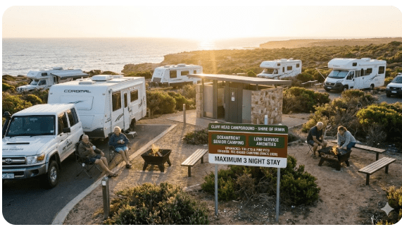 Aerial view of caravans and camper vans parked at Cliff Head coastal campground on Western Australia's Coral Coast, showing ocean views and beach access for grey nomads