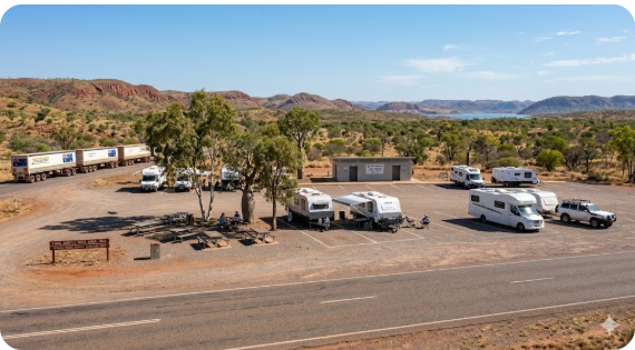 Cockburn Rest Area on Great Northern Highway near Lake Argyle WA with caravan parking, picnic tables and public toilets in the Kimberley region